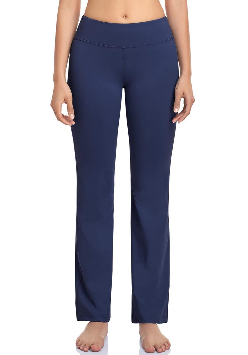 HISKYWIN Inner Pocket Yoga Pants 4 Way Stretch Tummy Control Workout Running Pants, Long Bootleg Flare Pants HF2-Navy Blue-S - Image 2